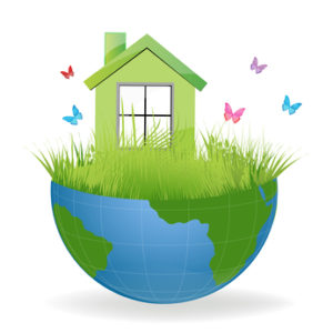 illustration of green house on half earth with colorful butterflies