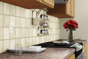 Kitchen interior closeup with red roses and dishes