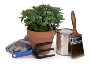 potted plant, gardening tool, gloves, paint brush & paint can