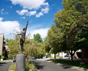 Tree lined street with statue in Cherry Creek Country Club Denver.