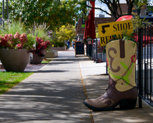 Boot shaped shoe shop sign on Cherry Creek sidewalk.