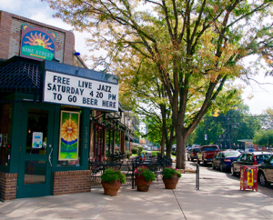 Free live jazz show venue sign and sidewalk entrance in City Park Denver.