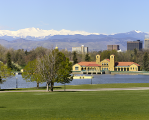 Denver City Park Golf Course with boathouse and lake.