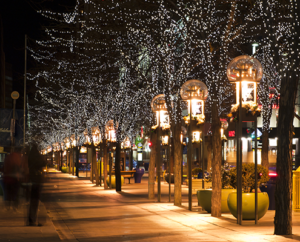 16th Street Mall streetlamps and trees at night.