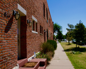Old historic brick townhomes in Curtis Park Denver.